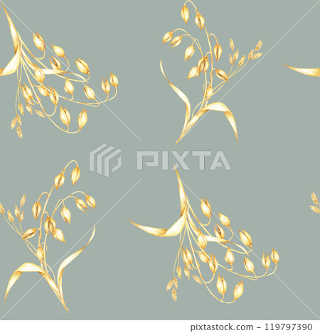 Oats stalks seamless pattern on muted green background. Golden oats bouquets. Avena sativa watercolor clipart. Perfect for textile design, rustic-themed packaging, eco-friendly branding 119797390
