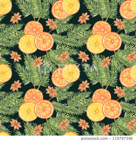 Green spruce or Pine branches, oranges, and star anise on dark background. Watercolor seamless pattern clipart. Perfect for winter textiles, packaging designs, and food or home decor products Green spruce or Pine branches, oranges, and star anise on dark background. Watercolor seamless pattern clipart. Perfect for winter textiles, packaging designs, and food or home decor products 119797396