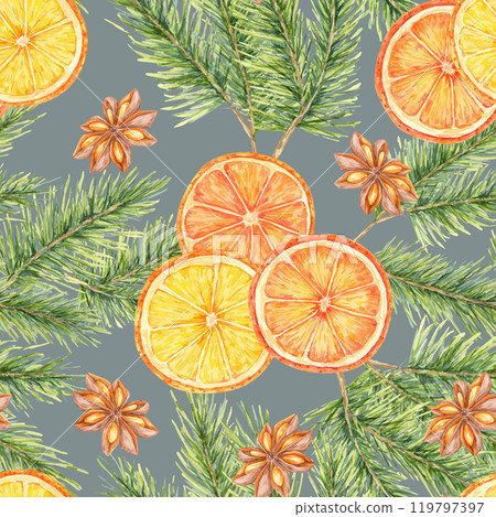 Oranges, green pine branches, and brown anise stars on grey background. Watercolor seamless pattern. Winter design for holiday textiles, packaging, wrapping paper, stationery 119797397