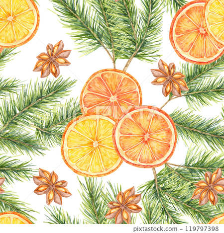 Oranges, pine branches, anise and cinnamon sticks. Watercolor seamless pattern. It is ideal for holiday textiles, packaging, and other merchandise related to festive or food-centric designs. Oranges, pine branches, anise and cinnamon sticks. Watercolor seamless pattern. It is ideal for holiday textiles, packaging, and other merchandise related to festive or food-centric designs. 119797398