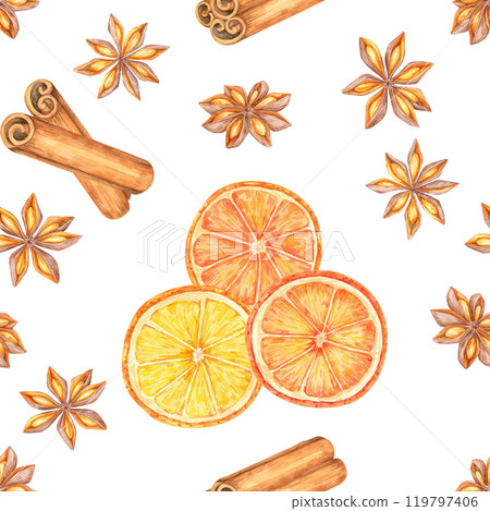 Star anise, cinnamon sticks, and sliced oranges. Seamless watercolor pattern offers a fresh seasonal festive design for use on fabrics, packaging, or as digital backgrounds for blogs or websites Star anise, cinnamon sticks, and sliced oranges. Seamless watercolor pattern offers a fresh seasonal festive design for use on fabrics, packaging, or as digital backgrounds for blogs or websites 119797406