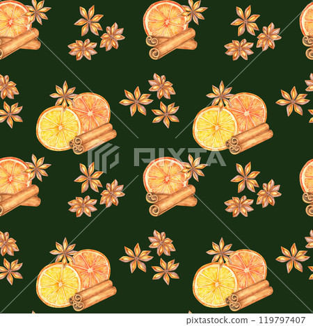 Orange slices, star anise, and cinnamon sticks on dark green background. Watercolor clipart. This seamless pattern is great for packaging, kitchen textiles, and holiday-themed merchandise Orange slices, star anise, and cinnamon sticks on dark green background. Watercolor clipart. This seamless pattern is great for packaging, kitchen textiles, and holiday-themed merchandise 119797407