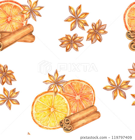 Orange slices, cinnamon sticks, and star anise. Warm, seamless watercolor pattern. Use this clipart for seasonal packaging, fabrics, or branding for food or beverage-related products 119797409