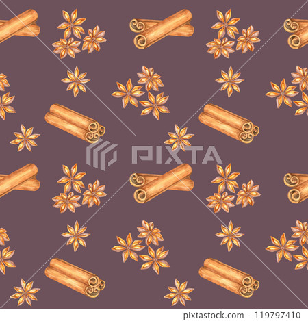 Cinnamon sticks and star anise on purple background, seamless pattern watercolor illustration is perfect for use in wrapping paper, textile designs, or culinary-themed product packaging 119797410