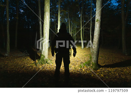 A man with a headlamp stands in the forest 119797509