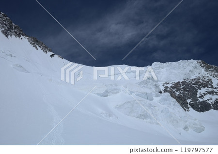 Tranquil Lake With Lush Green Forest, Snow-Capped Mountain, Blue Sky And White Clouds Tranquil Lake With Lush Green Forest, Snow-Capped Mountain, Blue Sky And White Clouds 119797577