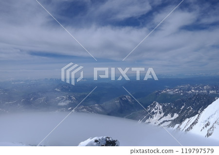 Tranquil Lake With Lush Green Forest, Snow-Capped Mountain, Blue Sky And White Clouds 119797579