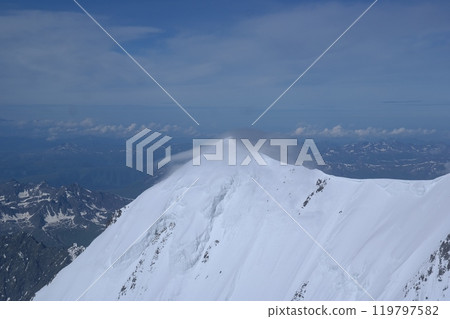 Tranquil Lake With Lush Green Forest, Snow-Capped Mountain, Blue Sky And White Clouds 119797582