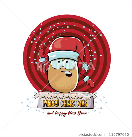 vector funky comic cartoon cute smiling santa claus potato with red santa hat and calligraphic merry christmas text isolated on abstract background with snow. Happy Santa Claus clip art 119797620