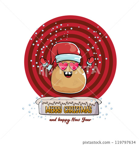 vector funky comic cartoon cute smiling santa claus potato with red santa hat and calligraphic merry christmas text isolated on abstract background with snow. Happy Santa Claus clip art vector funky comic cartoon cute smiling santa claus potato with red santa hat and calligraphic merry christmas text isolated on abstract background with snow. Happy Santa Claus clip art 119797634