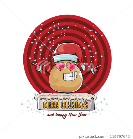 vector funky comic cartoon cute smiling santa claus potato with red santa hat and calligraphic merry christmas text isolated on abstract background with snow. Happy Santa Claus clip art vector funky comic cartoon cute smiling santa claus potato with red santa hat and calligraphic merry christmas text isolated on abstract background with snow. Happy Santa Claus clip art 119797643