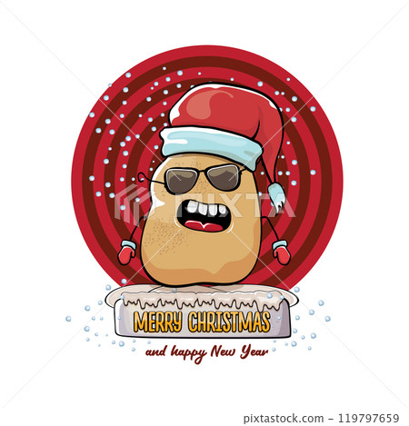 vector funky comic cartoon cute smiling santa claus potato with red santa hat and calligraphic merry christmas text isolated on abstract background with snow. Happy Santa Claus clip art 119797659