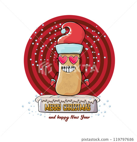 vector funky comic cartoon cute smiling santa claus potato with red santa hat and calligraphic merry christmas text isolated on abstract background with snow. Happy Santa Claus clip art vector funky comic cartoon cute smiling santa claus potato with red santa hat and calligraphic merry christmas text isolated on abstract background with snow. Happy Santa Claus clip art 119797686