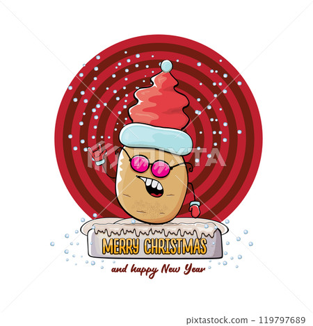 vector funky comic cartoon cute smiling santa claus potato with red santa hat and calligraphic merry christmas text isolated on abstract background with snow. Happy Santa Claus clip art vector funky comic cartoon cute smiling santa claus potato with red santa hat and calligraphic merry christmas text isolated on abstract background with snow. Happy Santa Claus clip art 119797689