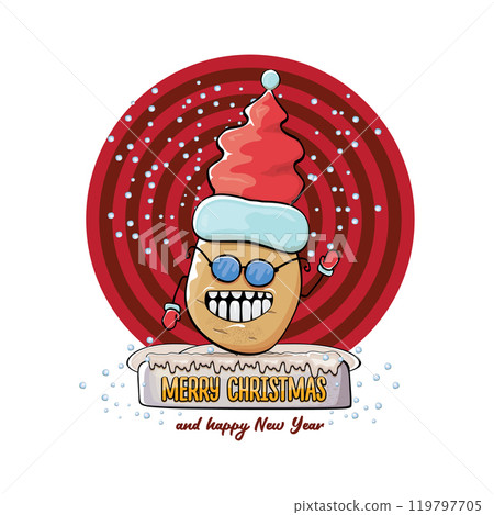 vector funky comic cartoon cute smiling santa claus potato with red santa hat and calligraphic merry christmas text isolated on abstract background with snow. Happy Santa Claus clip art 119797705