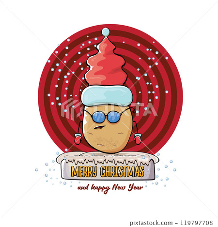 vector funky comic cartoon cute smiling santa claus potato with red santa hat and calligraphic merry christmas text isolated on abstract background with snow. Happy Santa Claus clip art vector funky comic cartoon cute smiling santa claus potato with red santa hat and calligraphic merry christmas text isolated on abstract background with snow. Happy Santa Claus clip art 119797708