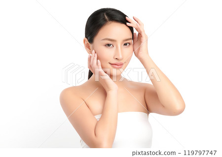 Beautiful young asian woman with clean fresh skin on white background, Face care, Facial treatment, Cosmetology, beauty and spa, Asian women portrait. 119797747