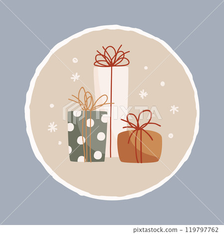 Christmas or Birthday bento cake decorated with gift boxes and snowflakes. Minimalistic style, isolated vector illustration. Christmas or Birthday bento cake decorated with gift boxes and snowflakes. Minimalistic style, isolated vector illustration. 119797762