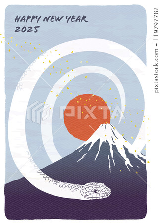 New Year's card template for the Year of the Snake: Snake, Mt. Fuji, and sunrise New Year's card template for the Year of the Snake: Snake, Mt. Fuji, and sunrise 119797782