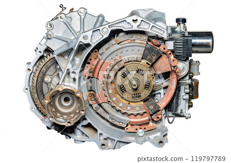 Cross section of modern car automatic transmission gearbox showing gears and clutch disks, isolated on white background. Cross section of modern car automatic transmission gearbox showing gears and clutch disks, isolated on white background. 119797789