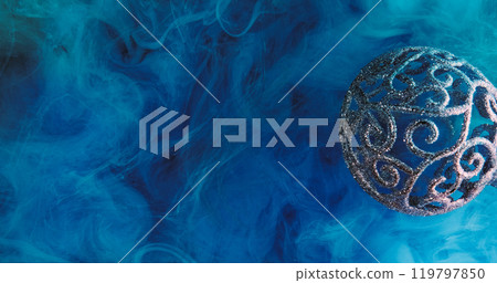 Xmas background. Vapor cloud. Sparkling glitter texture swirl bauble blue mist floating ink water splash New Year abstract decoration. 119797850