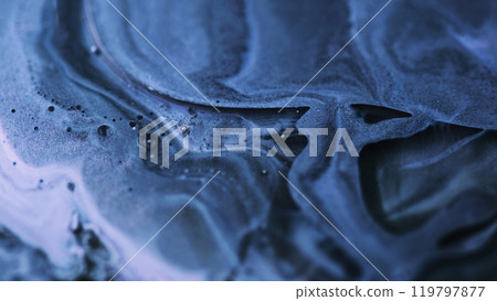 Fluid glitter drip. Bubble paint spill. Defocused blue black white color wet shimmer oil emulsion flow abstract art background. 119797877