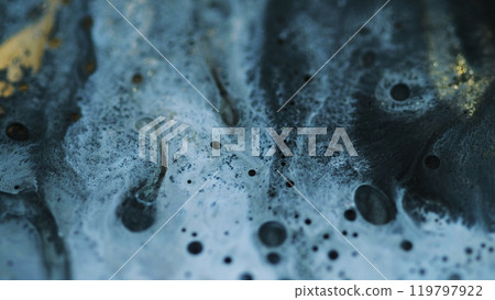 Oil ink drip. Sparkling acryl spill. Defocused blue golden color glitter magic wave liquid bubble texture abstract art background. Oil ink drip. Sparkling acryl spill. Defocused blue golden color glitter magic wave liquid bubble texture abstract art background. 119797922