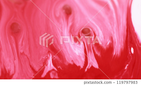 Acrylic paint spill. Ink drip. Defocused red pink white color bubble emulsion liquid blend wave flow abstract art background. 119797983