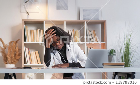 Medical failure. Frustrated doctor. Healthcare mistake. Disappointed woman physician upset with bad diagnosis treatment at hospital workspace. 119798016