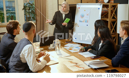 Corporate brainstorming session led by woman in hijab. Diverse team collaborating on business ideas Corporate brainstorming session led by woman in hijab. Diverse team collaborating on business ideas 119798027