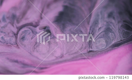 Shining wave. Glitter paint. Sparkling purple fluid. Glowing abstract emulsion pink black color mixing liquid ink pigment art background. 119798143