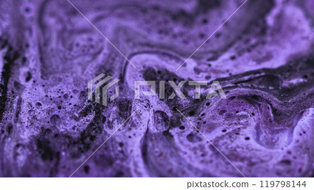 Sparkling fluid flow. Shimmering liquid gel. Abstract emulsion with small bubbles paint purple acrylic amethyst color gloss mix wave background. 119798144