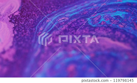 Acrylic liquid. Glitter paint. Defocused neon blue purple color ink flow shimmering particles texture wave creative abstract background. 119798145