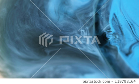 Smoky paint. Oil ink. Defocused gray blue color spill metallic glossy liquid mystical vapor blend floating water drops gel emulsion abstract art background. 119798164