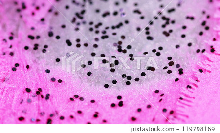 Glowing liquid. Ink glitter. Defocused pink silver black color spill brilliance translucent paint floating sequins rose gel motion abstract art background. 119798169