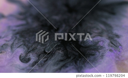 Ink spill. Glitter background. Defocused black purple liquid flow magical shimmering particles blend spreading dark abstract art texture. 119798204