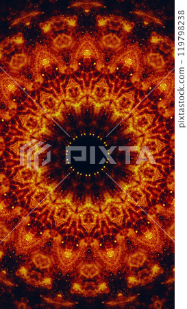 Intricate kaleidoscope pattern with fiery orange red colors and symmetrical design art illustration abstract background. Intricate kaleidoscope pattern with fiery orange red colors and symmetrical design art illustration abstract background. 119798238