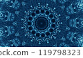 Symmetrical blue kaleidoscope design with intricate geometric shapes abstract artwork art illustration background. 119798323