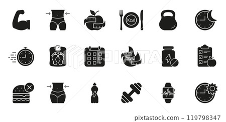Workout, Fitness and Health Silhouette Icons for Weight Loss and Diet Tracking. Health Care, Metabolism, Calorie Management Glyph Sign. Isolated Vector Illustration 119798347