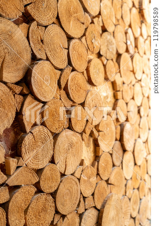 Wooden beams in cross-section. Tree firewood saw cut. Wood background Wooden beams in cross-section. Tree firewood saw cut. Wood background 119798589