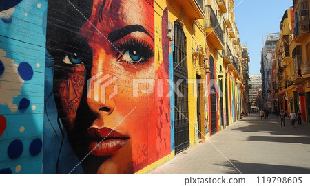 A vibrant street scene with colorful murals and graffiti art displayed on walls and buildings, showcasing a mix of styles and artistic expression 119798605