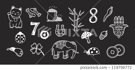 Good Luck Symbols Set. Asian and European talismans and charms contour vector illustration. Symbols of success and prosperity Good Luck Symbols Set. Asian and European talismans and charms contour vector illustration. Symbols of success and prosperity 119798772