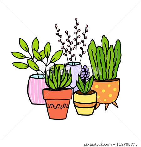 Cute potted flowers doodle hand drawn sketch. Decorative colored plants in pots and vases. Vintage botanical illustration. Isolated vector 119798773