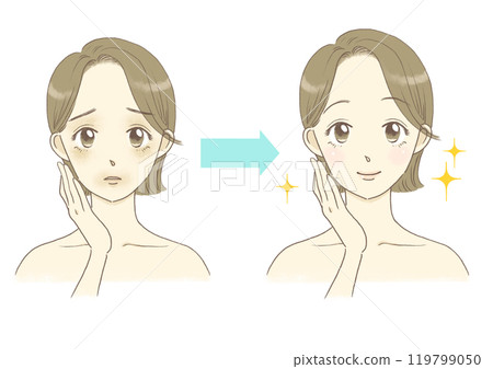 一名婦女臉部暗沉的插圖,之前和之後 一名婦女臉部暗沉的插圖,之前和之後 119799050