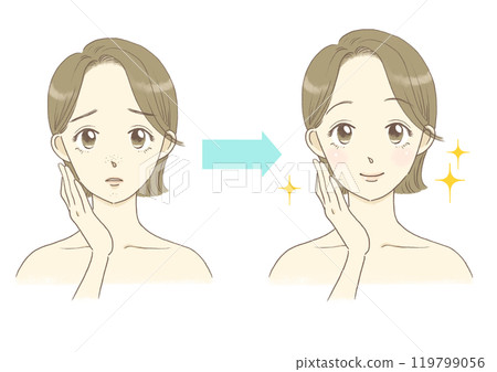 Illustration of a woman suffering from rough skin, pores, before and after Illustration of a woman suffering from rough skin, pores, before and after 119799056