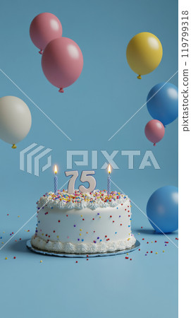 Birthday cake with candles for 75 years, balloons in pastel background 119799318