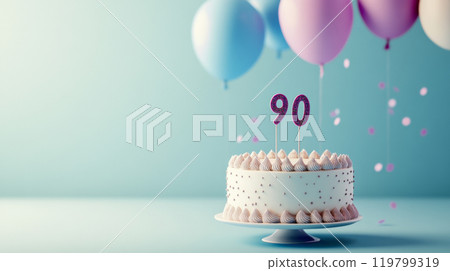 Birthday cake with candles for 90 years, balloons in background 119799319