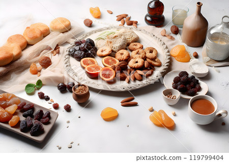 Assorted dried fruits, nuts, and traditional pastries on a ceramic plate, concept background 119799404