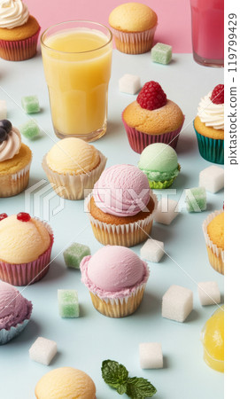Cupcakes and ice cream with fruit juices and sugar arranged on pastel color background, unhealthy eating concept Cupcakes and ice cream with fruit juices and sugar arranged on pastel color background, unhealthy eating concept 119799429