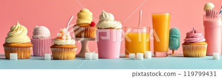 Cupcakes and ice cream with fruit juices and sugar arranged on pastel color background, unhealthy eating concept Cupcakes and ice cream with fruit juices and sugar arranged on pastel color background, unhealthy eating concept 119799431